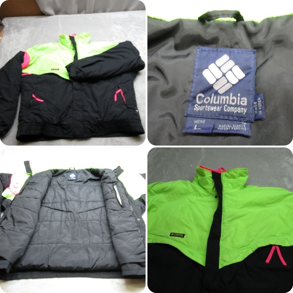 Columbia Jacket Mens Black Neon Large Insulated Waterproof Light Puffer VTG 90s